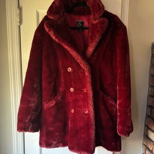Super soft super warm women's red furry peacoat.